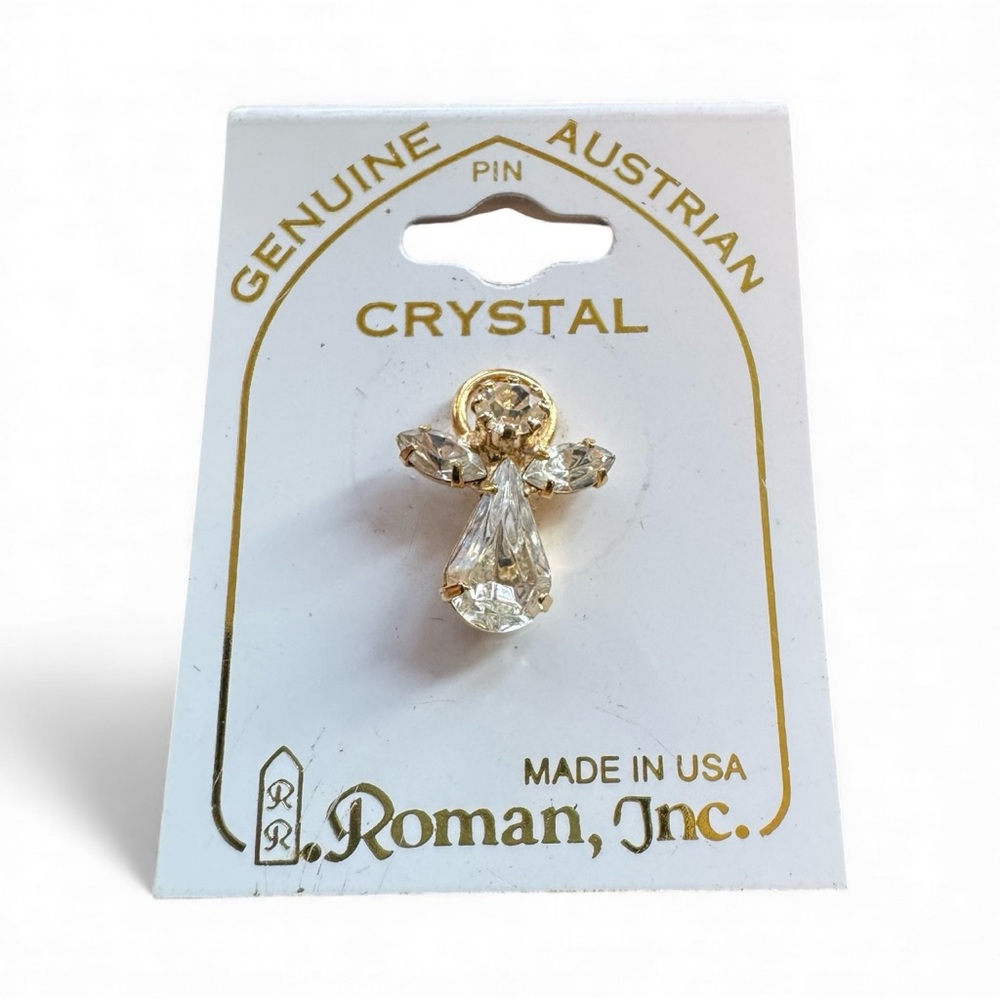 Roman Inc Angel Pin – Genuine Austrian Crystal – Gold Tone – Vintage Lapel Pin